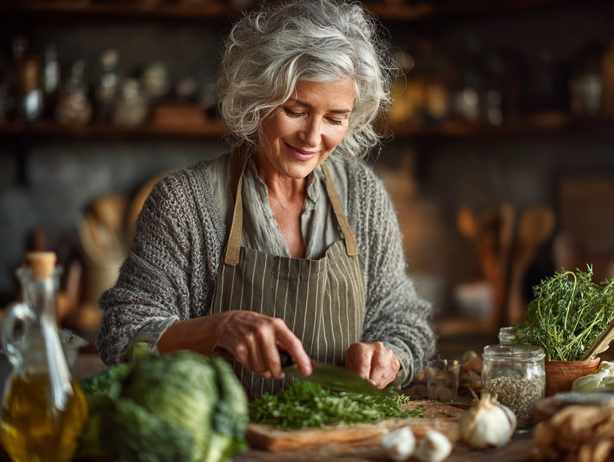 Cuplu senior gătind împreună într-o bucătărie modernă